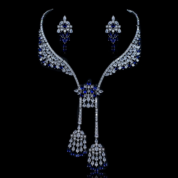 Picture of Unique Cubic Zirconia Blue 2 Piece Jewelry Set